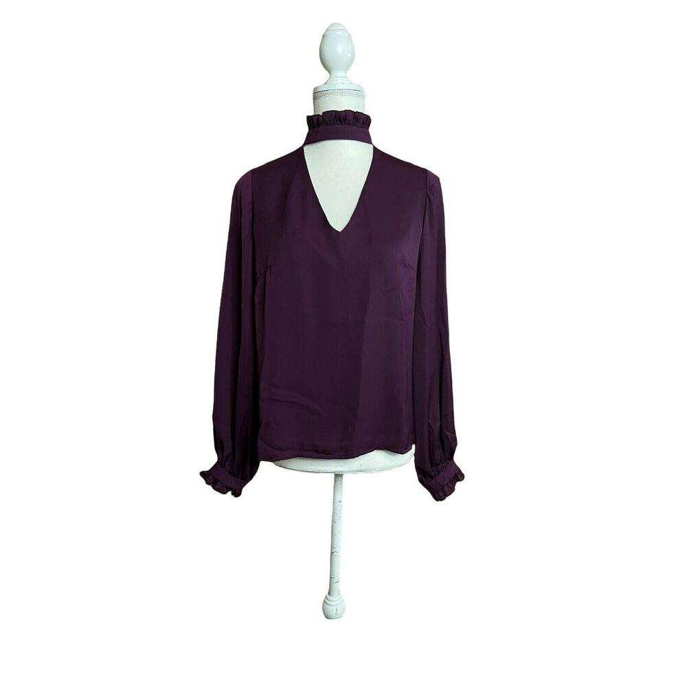 Nanette Lepore Solid Ruffled blouse Satin Smocked Deep V Sz Small Purple